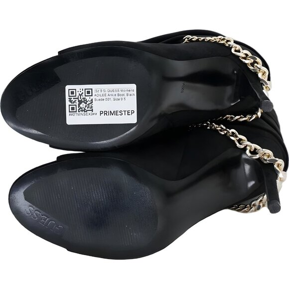 GUESS Adilee Black Suede Peep-Toe Ankle Booties Chain Women's US 9.5 - Picture 6 of 6